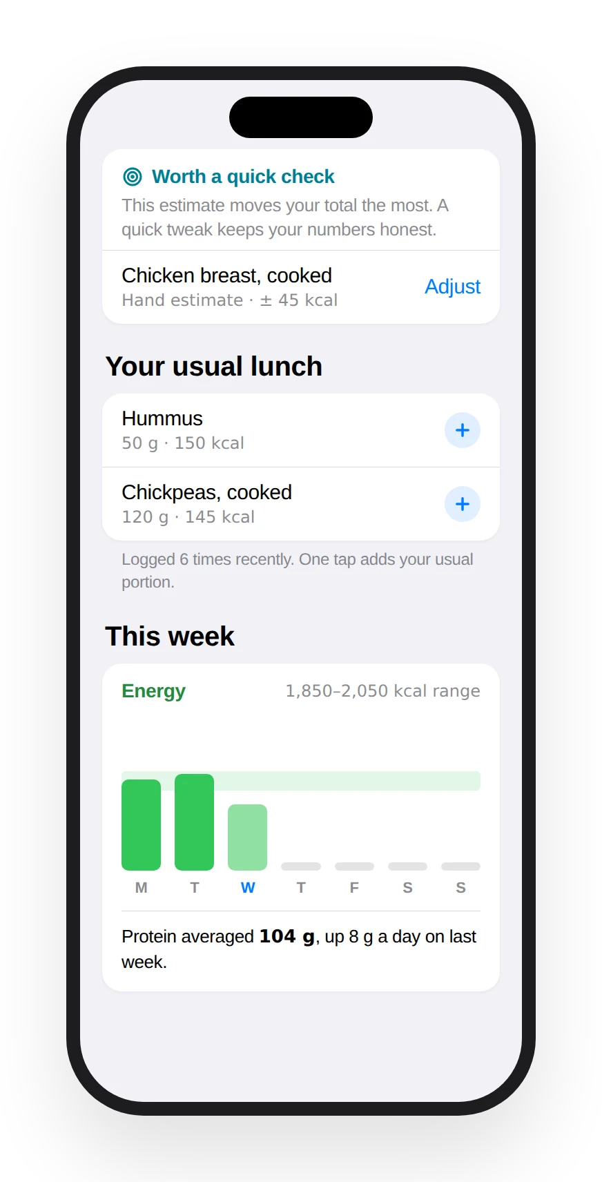 Tali Summary screen scrolled down: a quick check on a hand-estimated chicken breast, your usual lunch with one-tap add, and this week's energy bars against a target range.