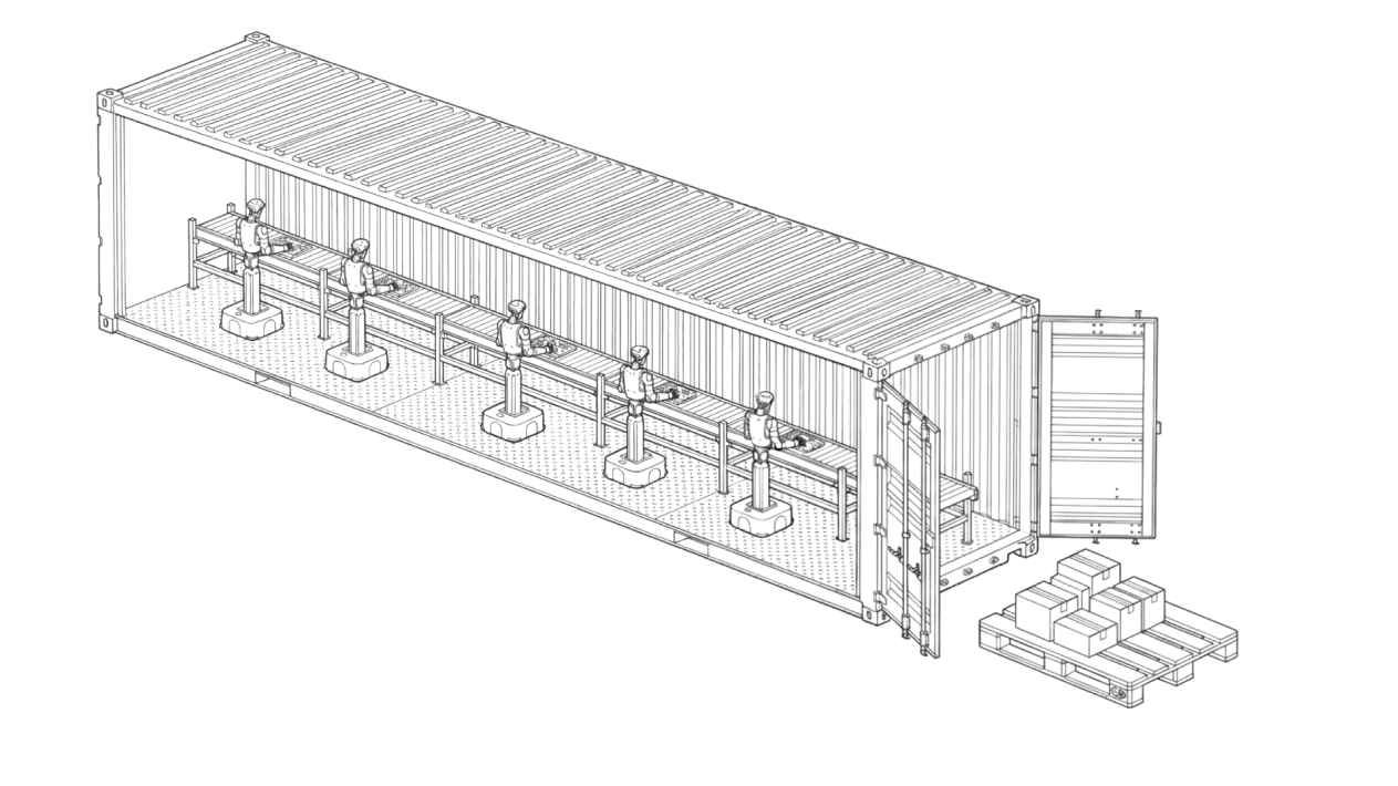 A modular 40-foot robotic factory, with a pallet of components ready to enter.