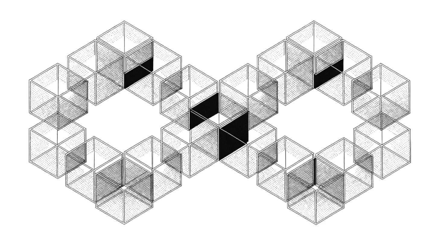 An infinity loop built from transparent industrial cubes, representing a continuous cycle of assembly and learning.