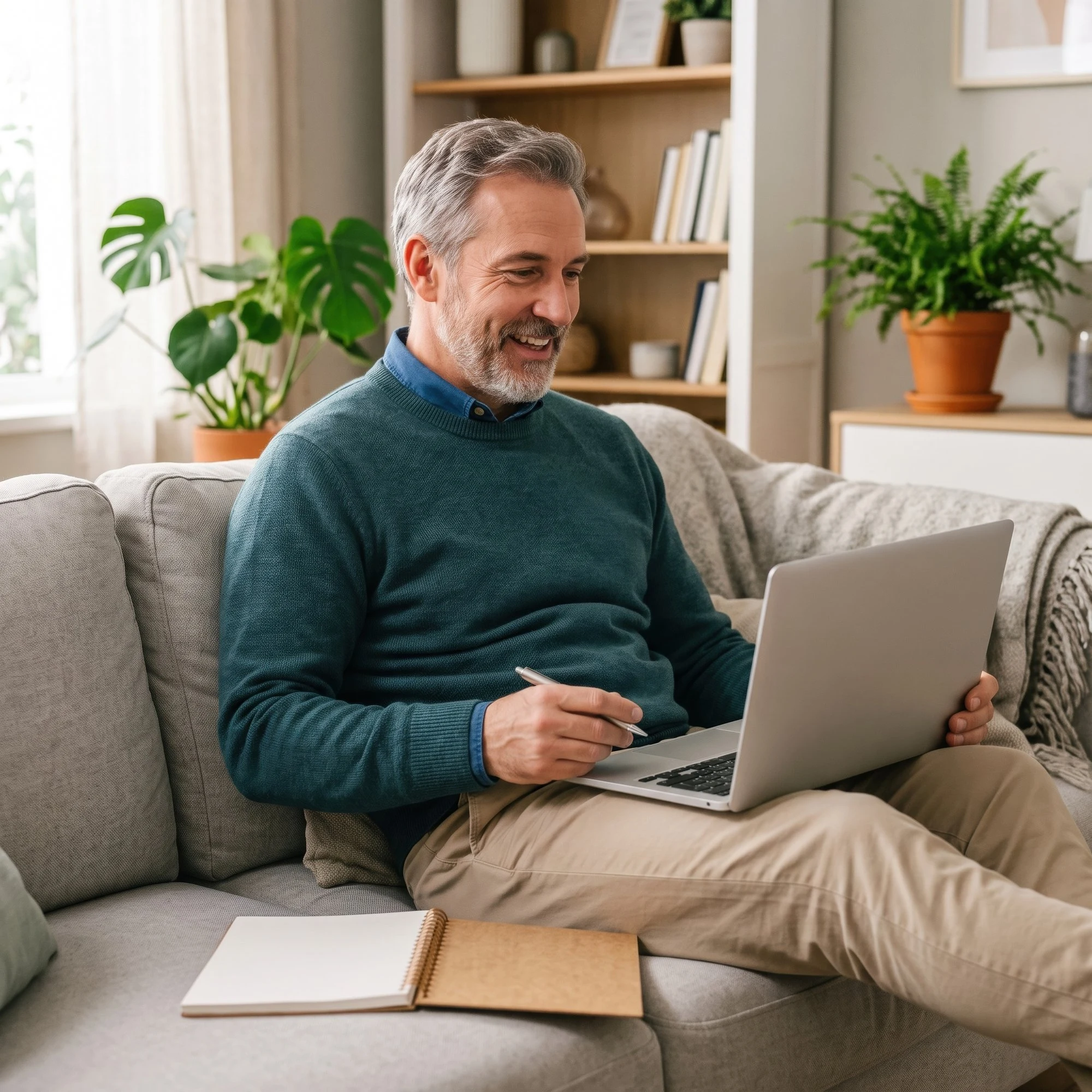 Smiling older man on a sofa working on a laptop with a notebook beside him