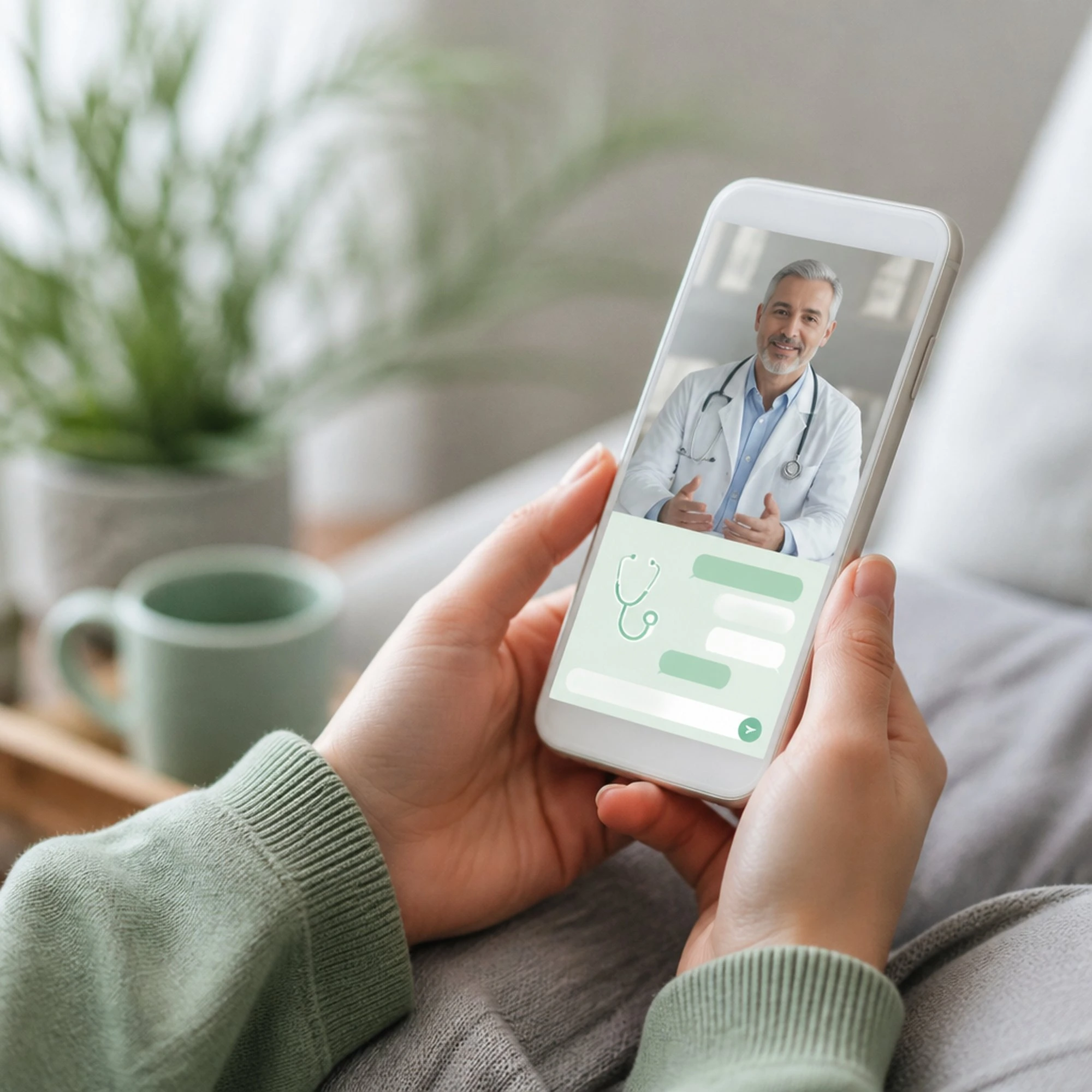 Hands holding a smartphone showing a doctor video call and chat messages