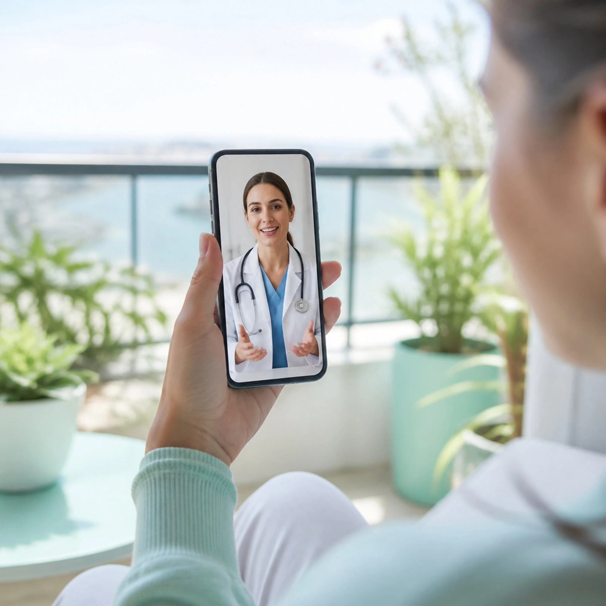 Woman on a balcony holding a smartphone video call with a smiling female doctor