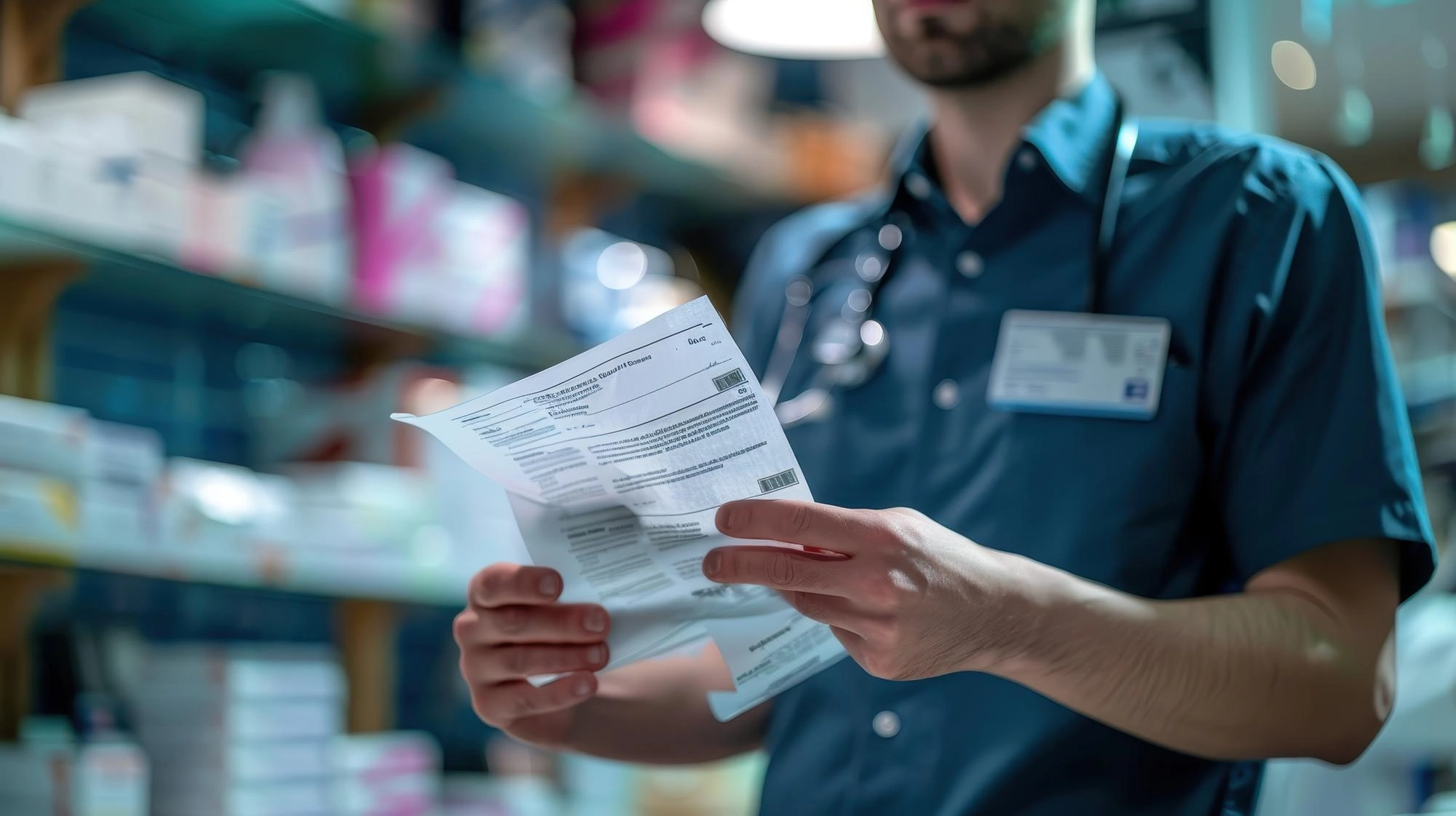 Pharmacist in scrubs reading a prescription in a pharmacy