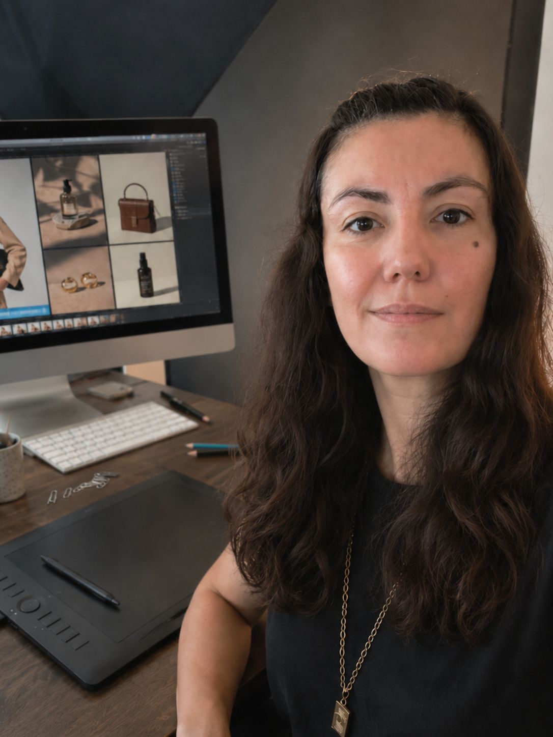 Agathe Angles à son poste de retouche, devant un écran affichant des photos produit et une tablette graphique