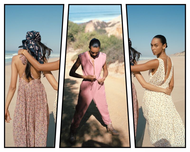 Trois photographies de mode sur une plage : deux femmes en robes à motifs et une femme en combinaison rose