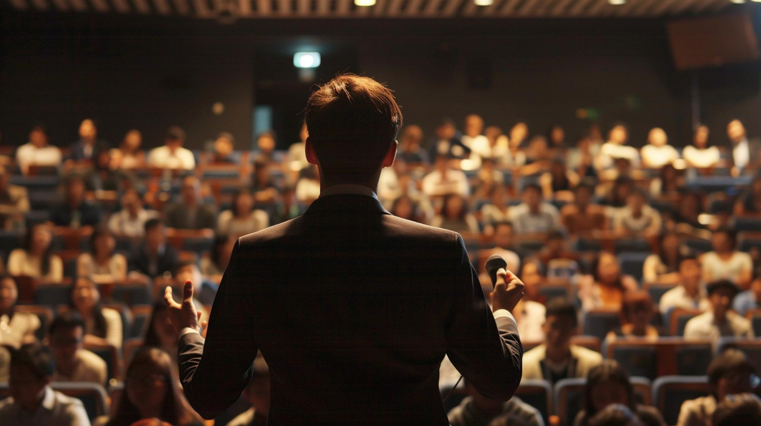 Speaker addressing a large audience in an auditorium