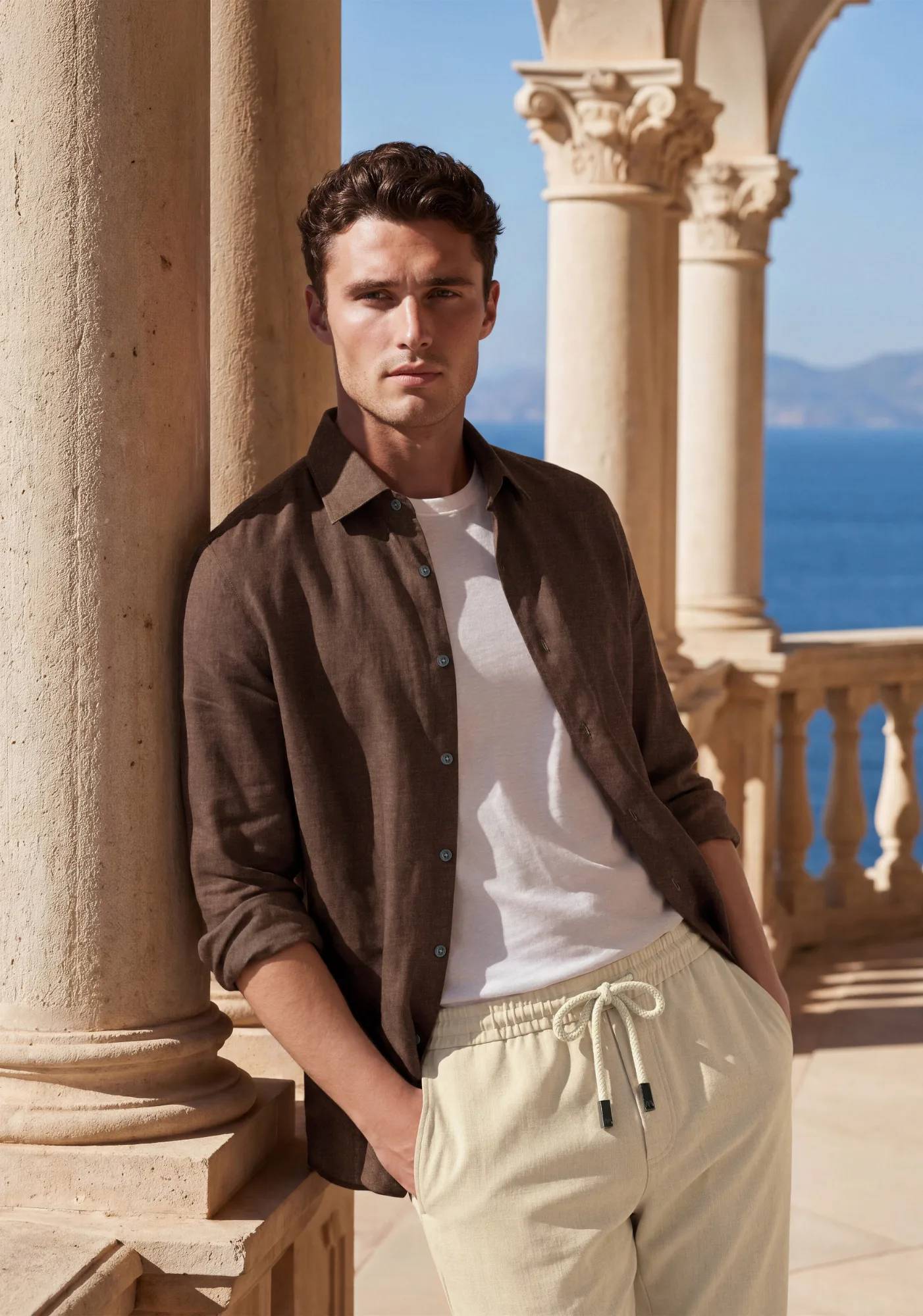 Man in a brown linen shirt on a seaside colonnade