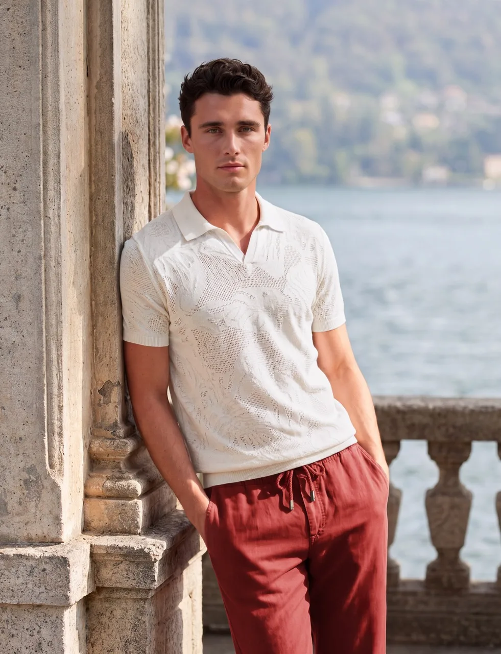 Full look: knit polo and trousers