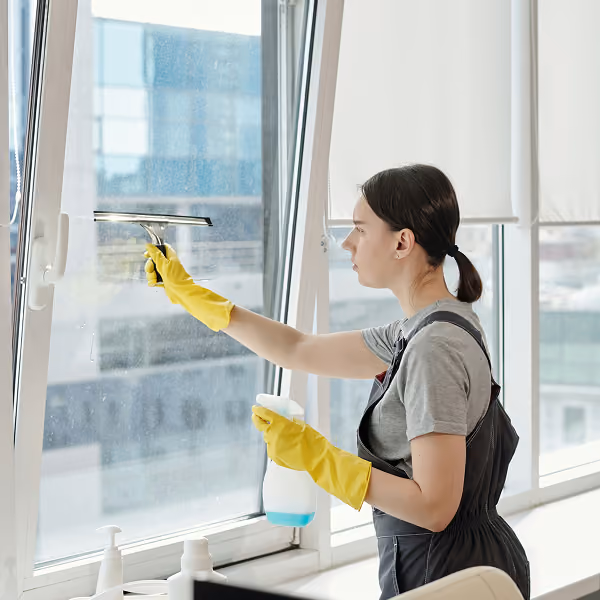A cleaner washes windows