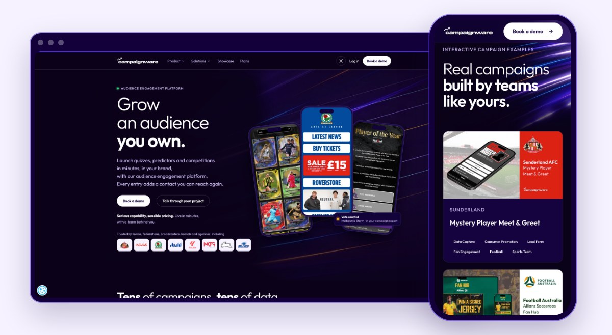 The Campaignware website on desktop and the Showcase on mobile