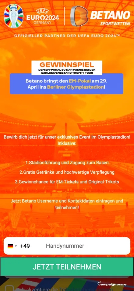 Betano Euro 2024 ticket giveaway built with Campaignware