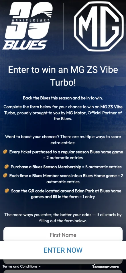 Blues x MG competition to win an MG ZS