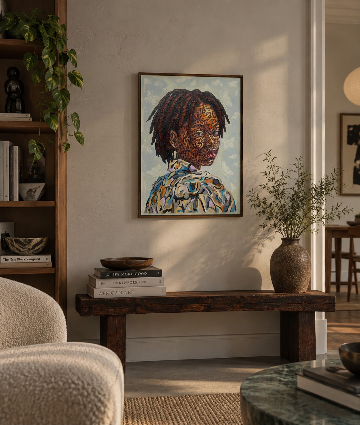 Untitled 2 by Agboola Emmanuel framed above a rustic bench in a living room