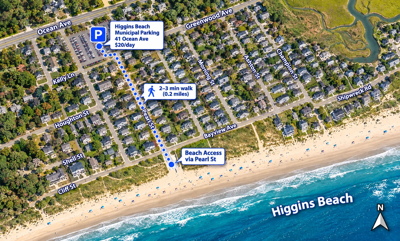 Illustrated Higgins Beach parking map and walking route