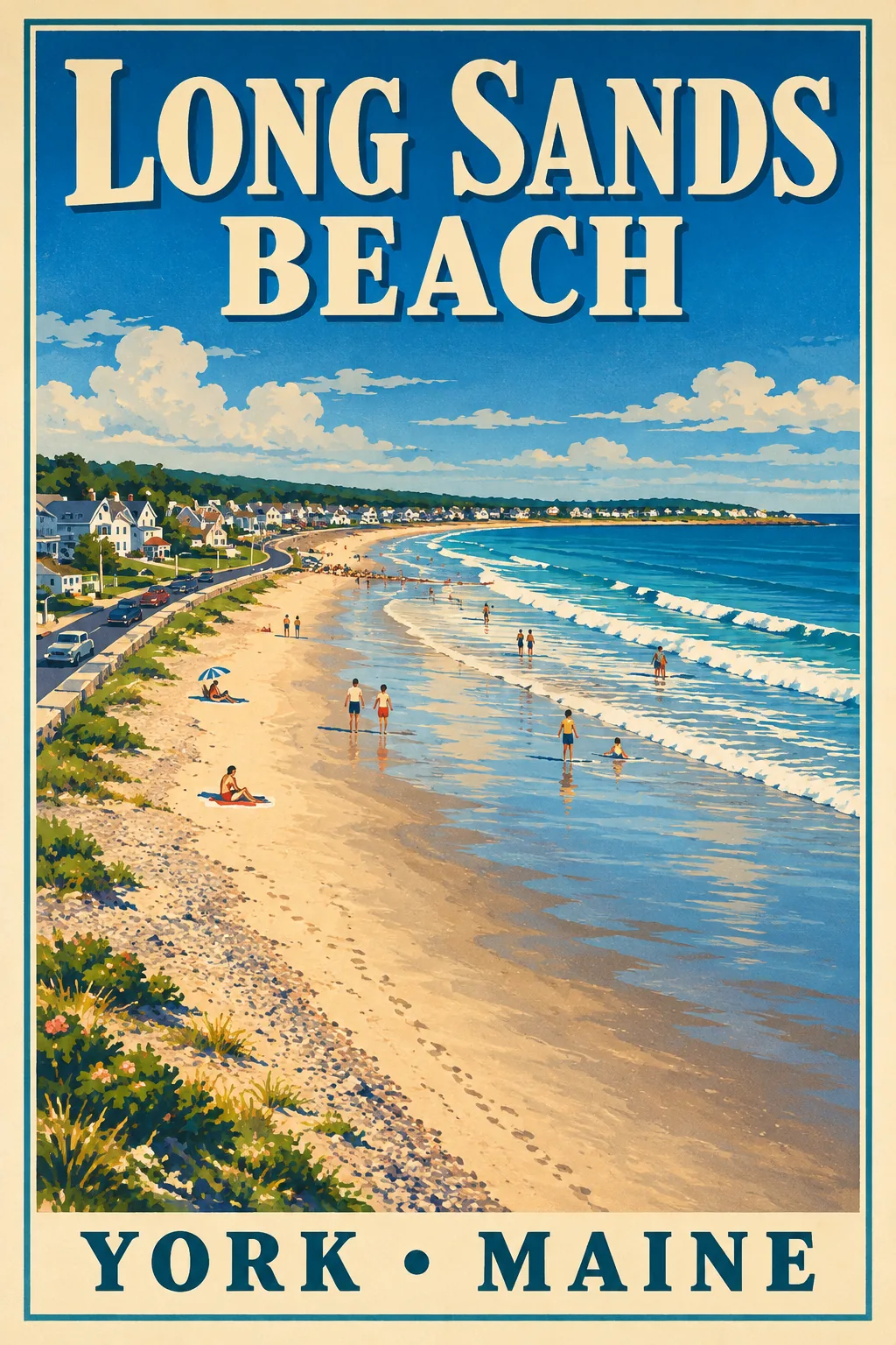 Vintage travel poster illustration of Long Sands Beach in York, Maine