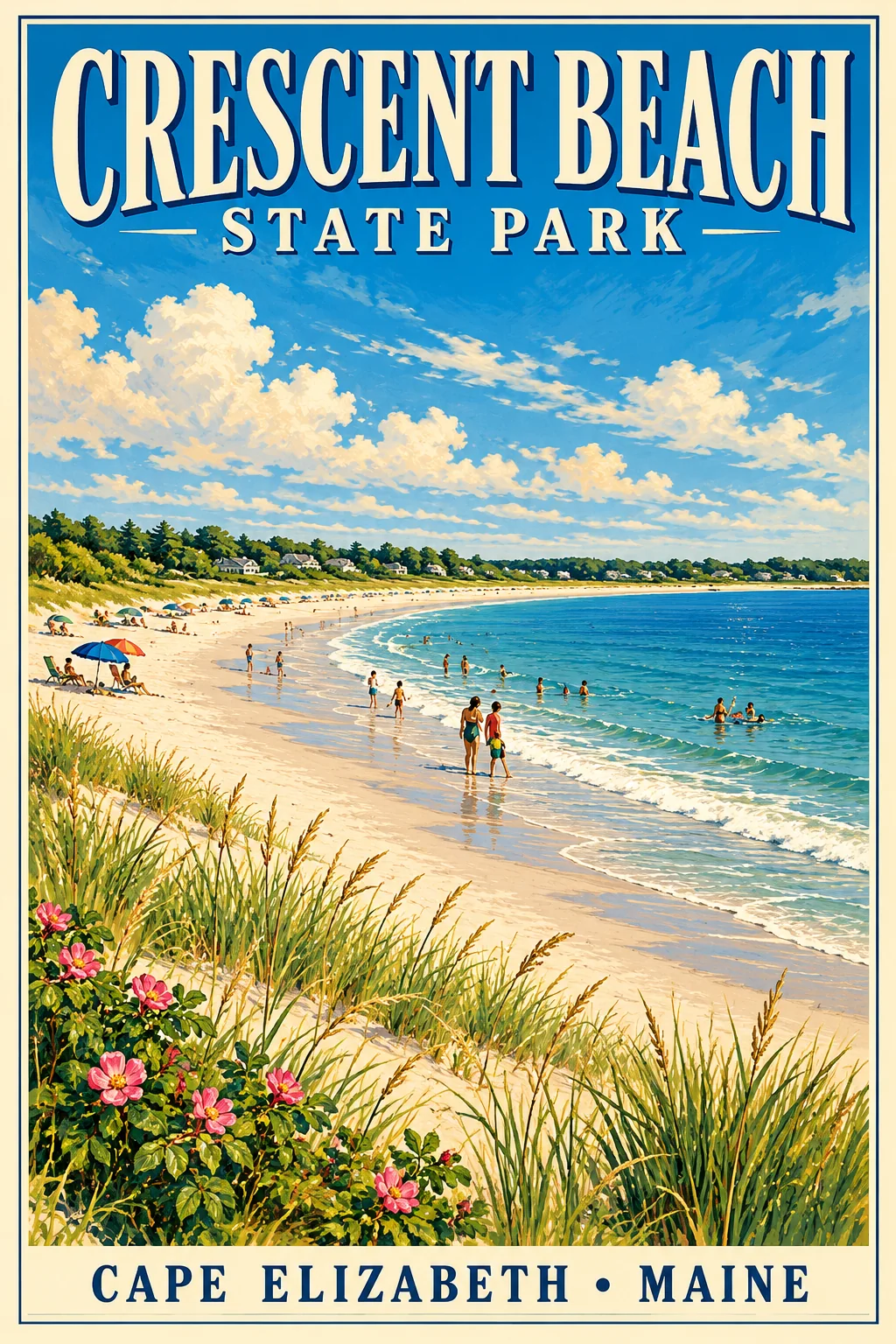 Vintage travel poster illustration of Crescent Beach State Park in Cape Elizabeth, Maine