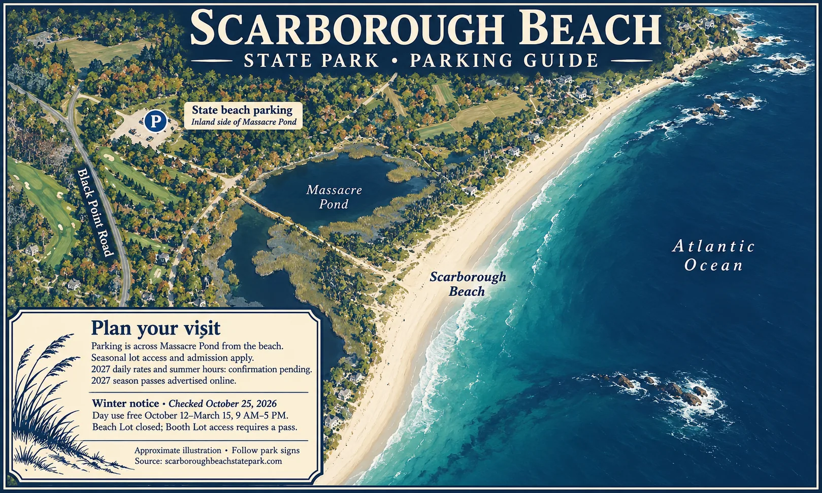 Illustrated Scarborough Beach State Park parking map showing state beach parking on the inland side of Massacre Pond in Scarborough, Maine.