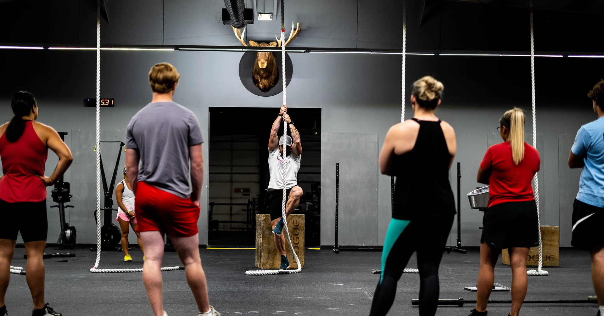 Compelled Fitness member doing a rope climb during a coached group class
