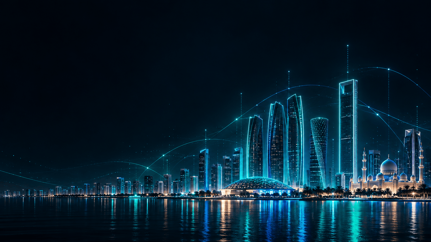Illuminated waterfront skyline with connected digital infrastructure