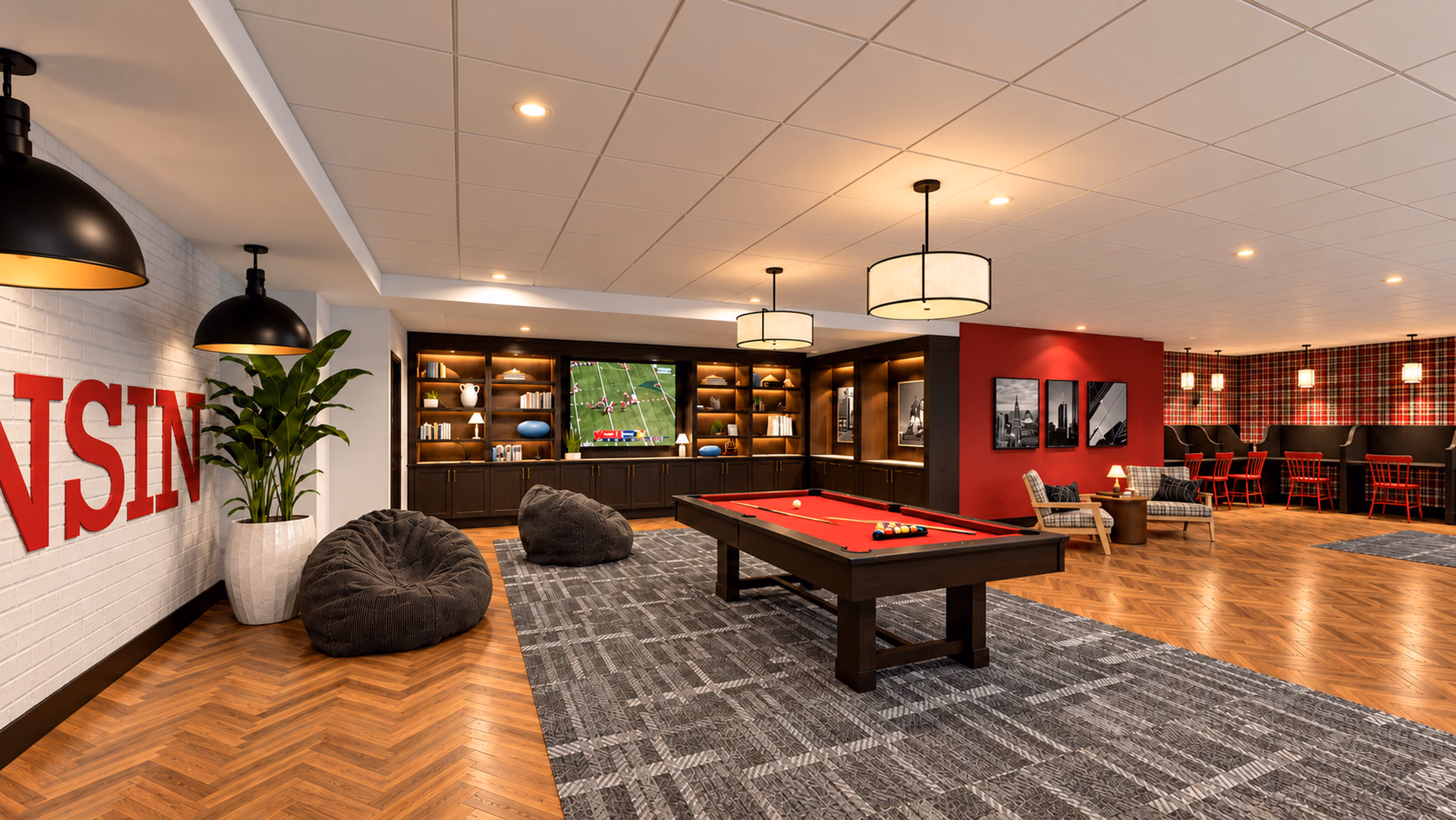Buckner game lounge with pool table, bean bags and a big-screen TV