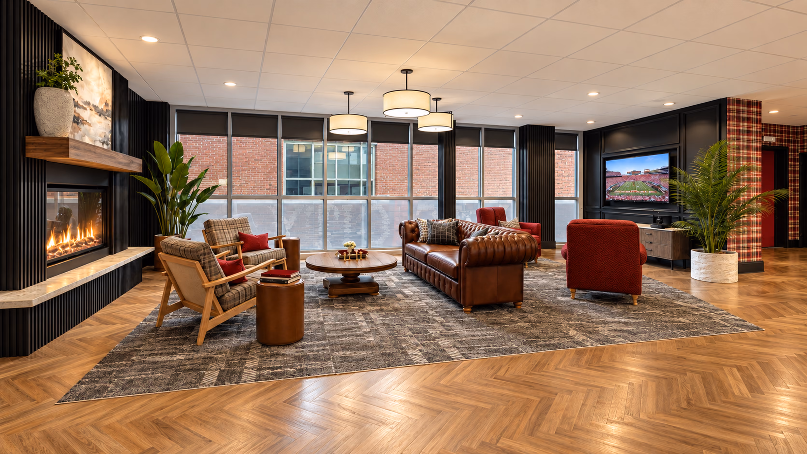 Buckner social lobby with fireplace, leather sofa and red armchairs