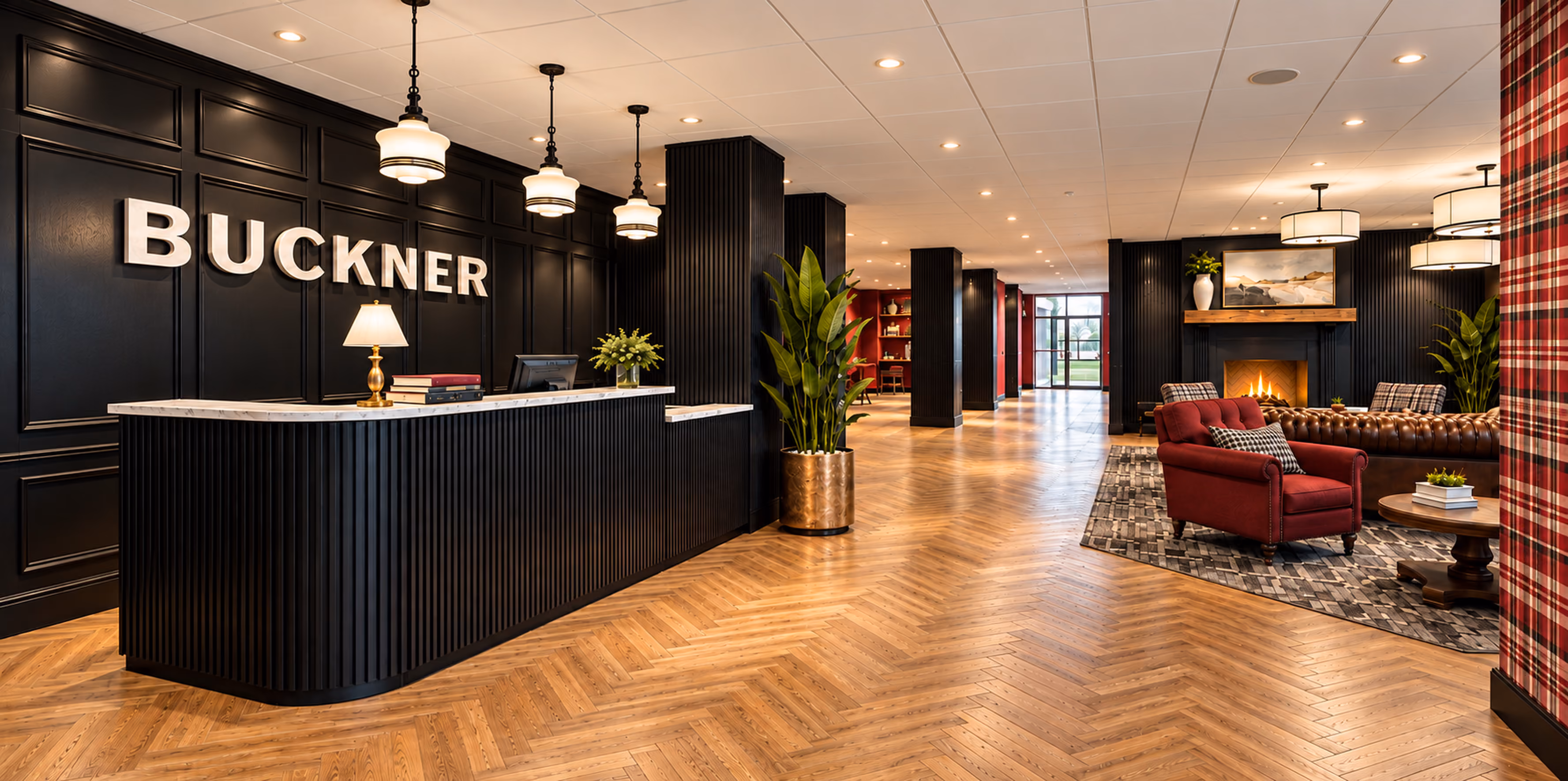 Buckner reception desk and lobby with fireplace lounge