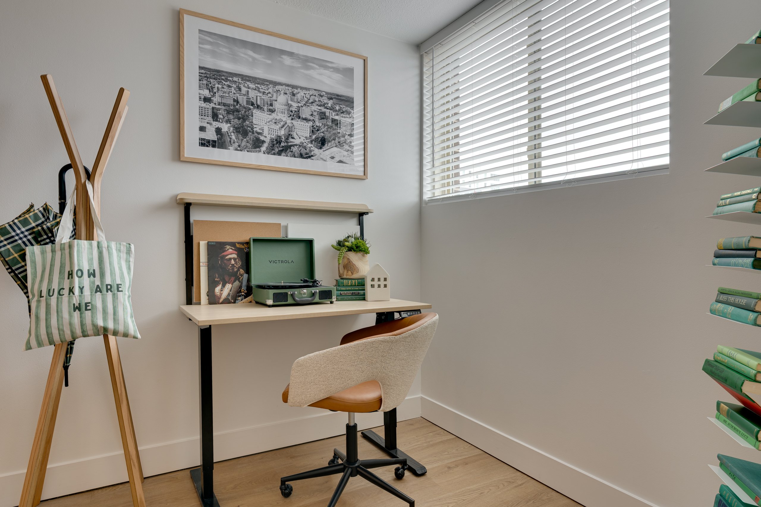 Bedroom study desk by the window in a Buckner student apartment, Madison, WI