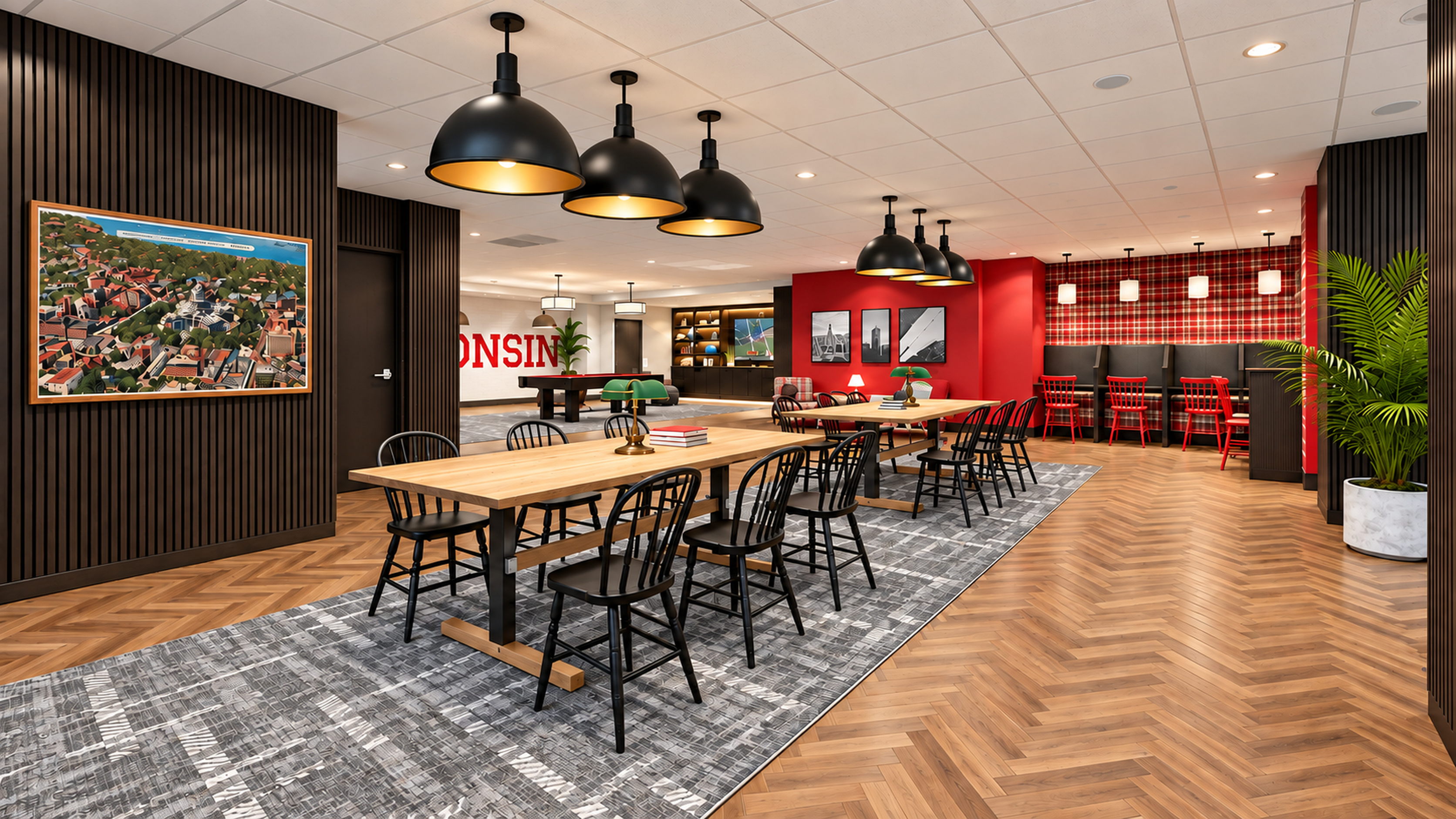 Buckner study lounge with long wood tables, black chairs and pendant lights