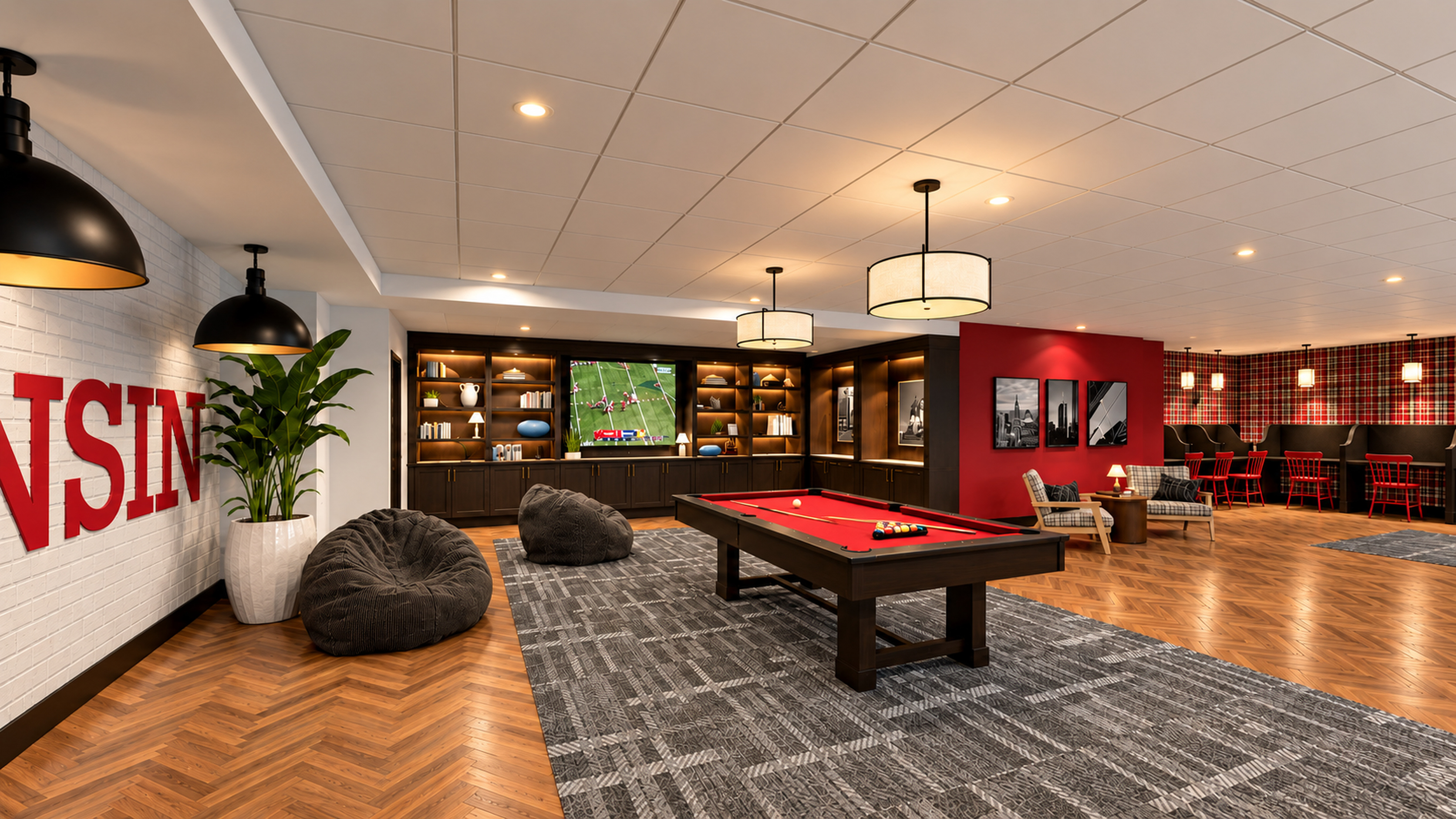 Buckner game room with a pool table, bean bag chairs and lounge seating