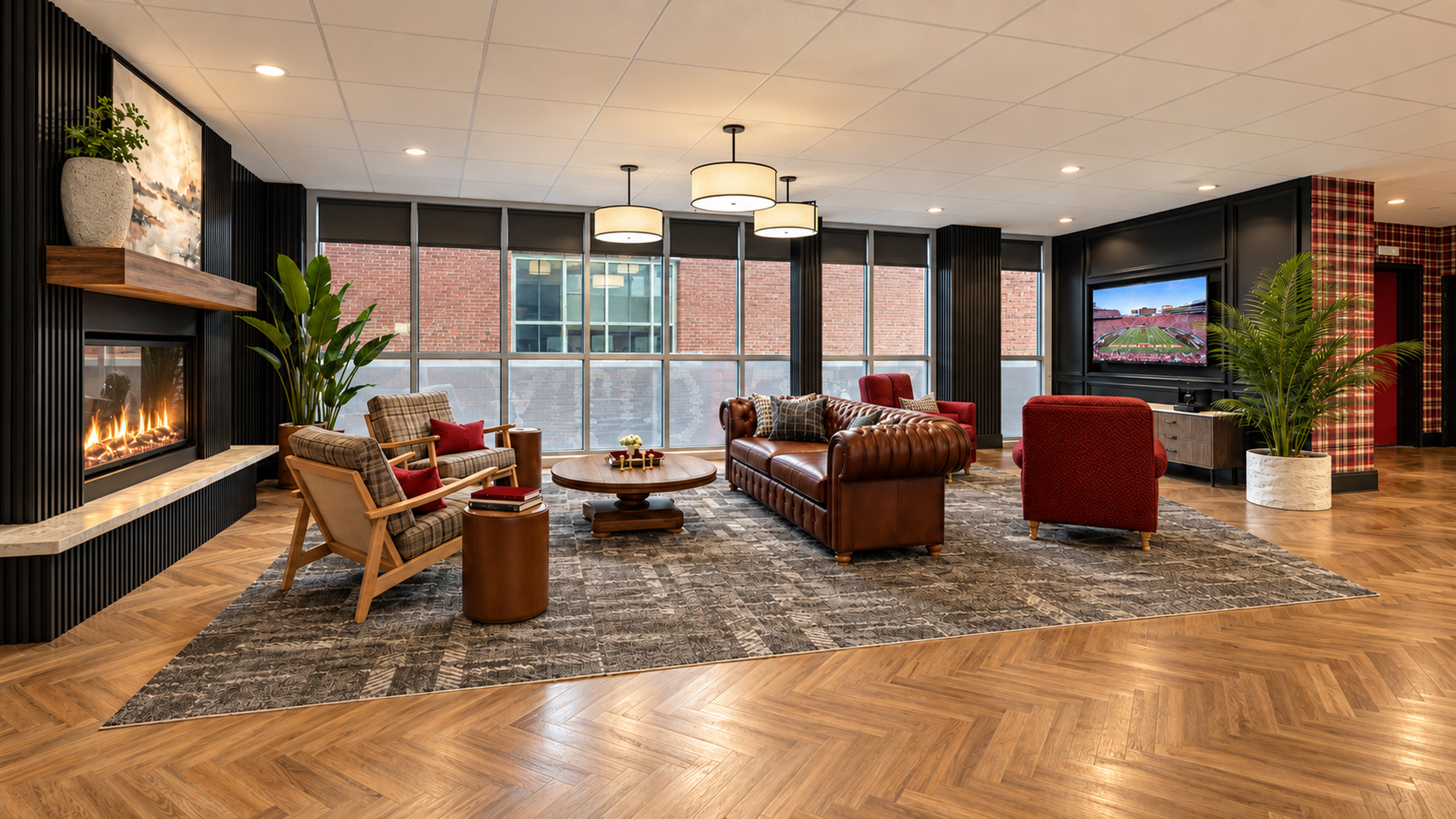 Buckner lobby lounge with a leather sofa and fireplace