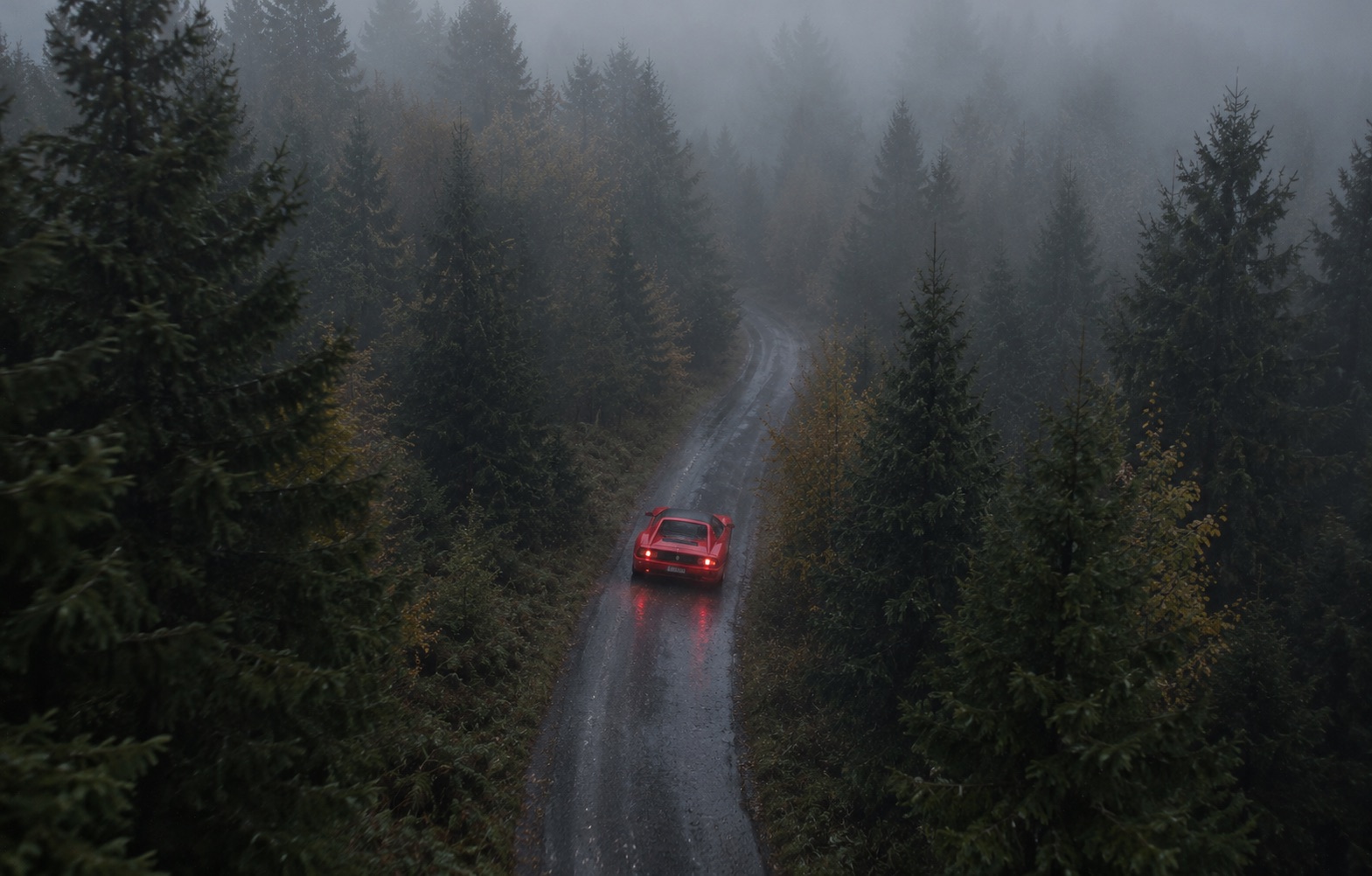 Červené Ferrari na lesní silnici v mlze
