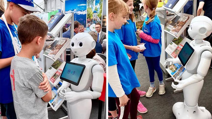 Two scenes of Pepper at the Wielkopolska stand: a boy watching the robot and girls in blue NAO T-shirts holding quiz cards