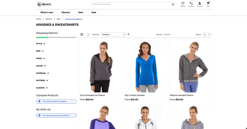 Animation scrolling the Alpaca Hoodies & Sweatshirts category page, with filters, product grid and a hovered tile showing swatches and Add to Cart