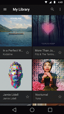 Animated Material Design music app, My Library, where each album card switches to a colour taken from its cover art by the Palette library