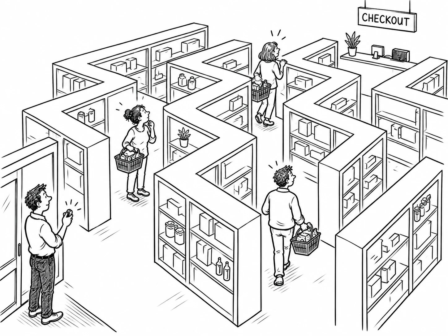 Cartoon: shoppers with full baskets lost in a shop laid out like a maze, the checkout far away in a corner.