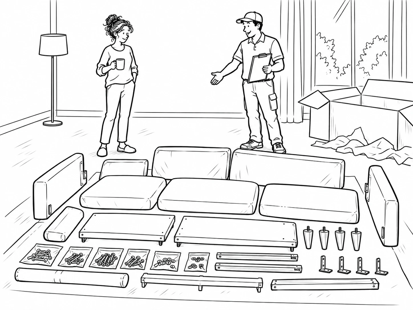 Cartoon: a sofa delivered as dozens of separate parts laid out across a living room floor, the customer calmly holding a coffee.