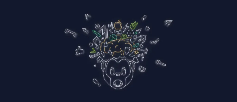 Cover: Apple's WWDC 2019 neon line artwork of a monkey head with developer icons bursting out of the top