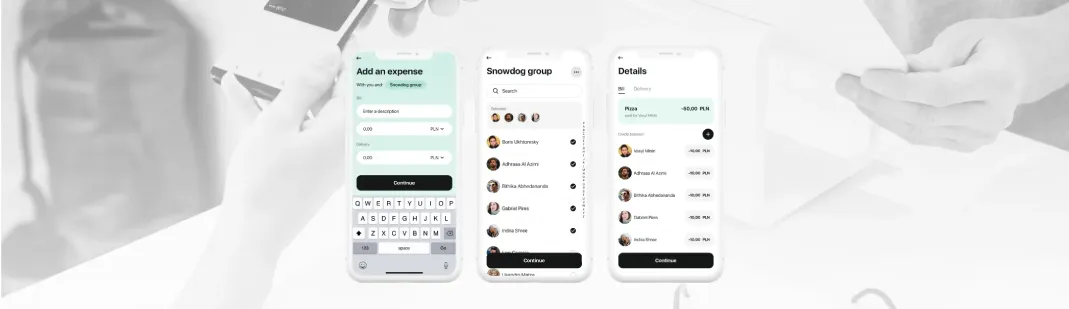 Redesigned Splitwise screens for adding an expense, picking Snowdog group members and viewing details, over a faded payment photo