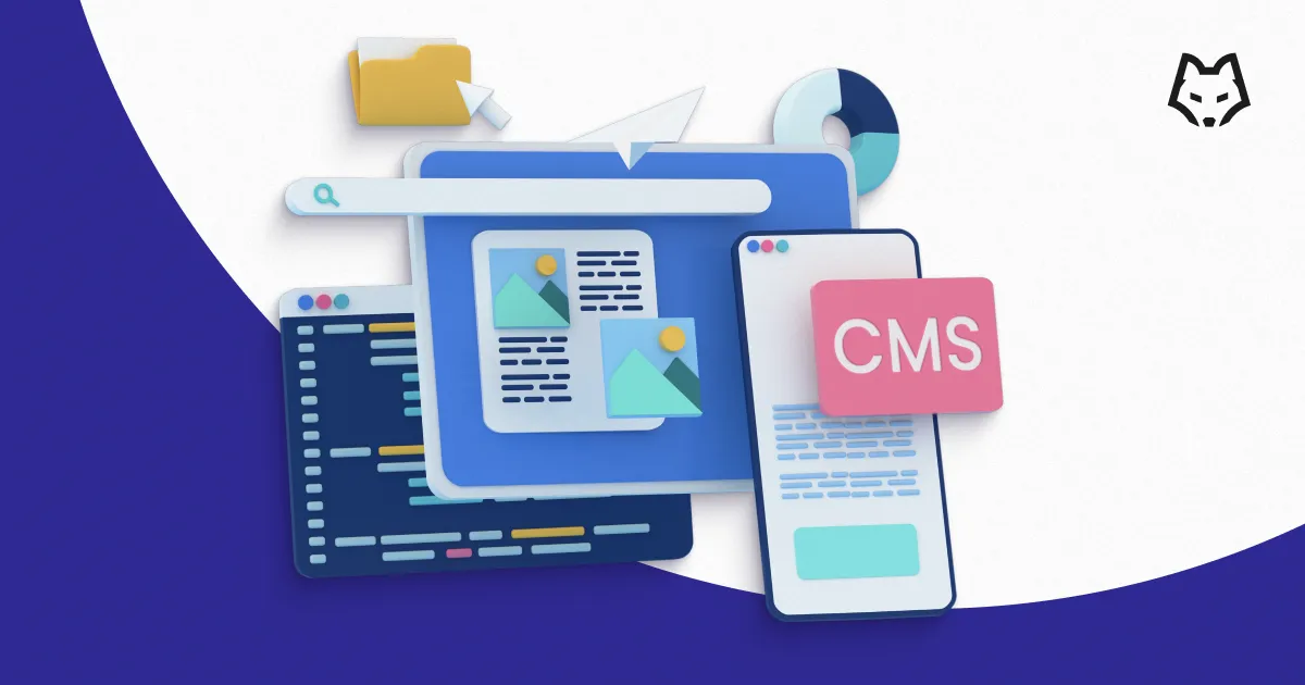 Cover: illustration of a page builder with images and text blocks, a code panel and a mobile screen labelled CMS