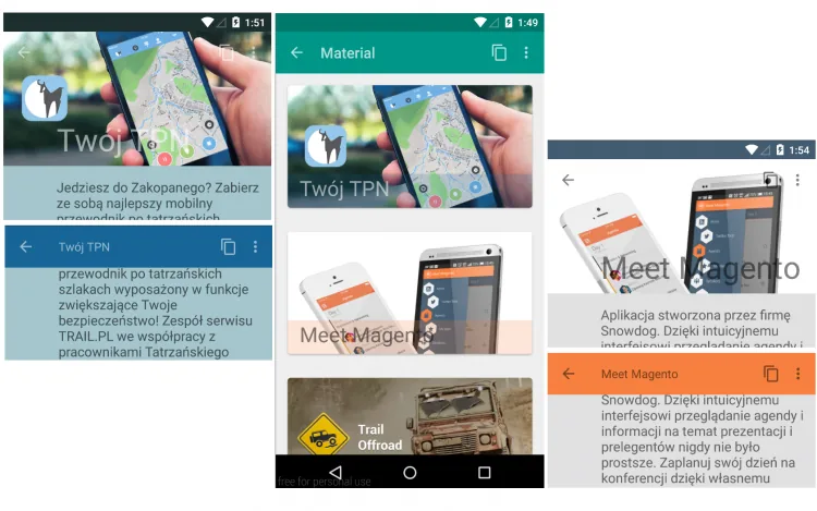 Three Android screens with the toolbar recoloured to match each header image: blue for Twój TPN, teal for the list, orange for Meet Magento