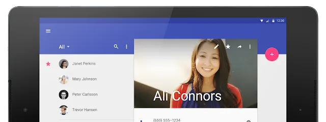 Material Design contacts app on a tablet with a list on the left and a profile card for Ali Connors