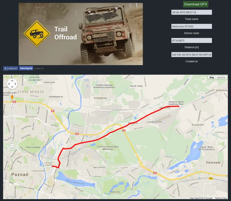 Trail Offroad web app track page with GPX download, device and distance details above a map of the red route east of Poznań
