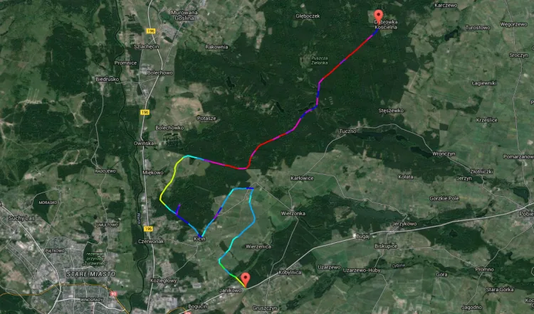 Satellite map showing the GPS track of the offroad trail, coloured by speed, recorded automatically by the app