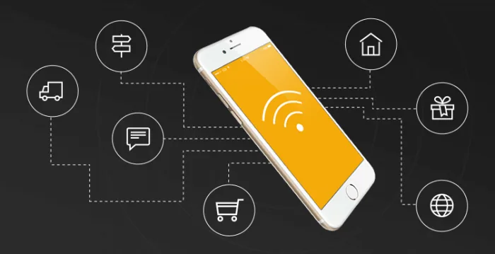 Illustration: a smartphone with a wireless signal icon linked to icons for delivery, home, shopping cart, gift, messages and web