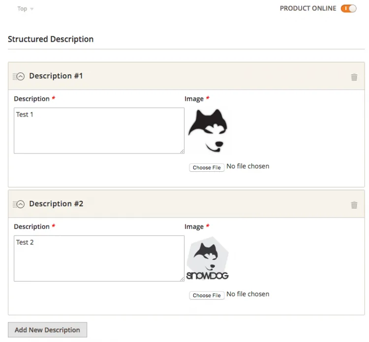 Structured Description tab with two saved rows, "Test 1" and "Test 2", each showing an uploaded Snowdog logo