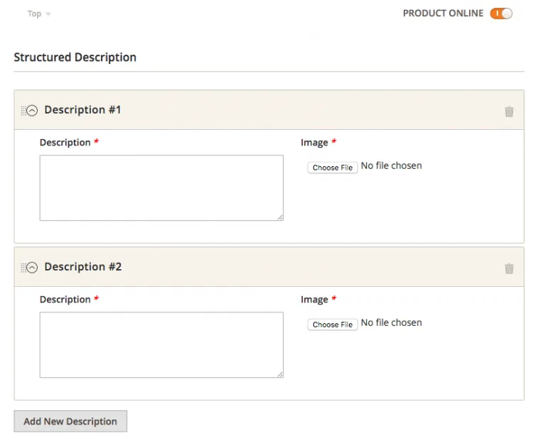 Structured Description tab with two empty Description rows, each with a text field and an image upload