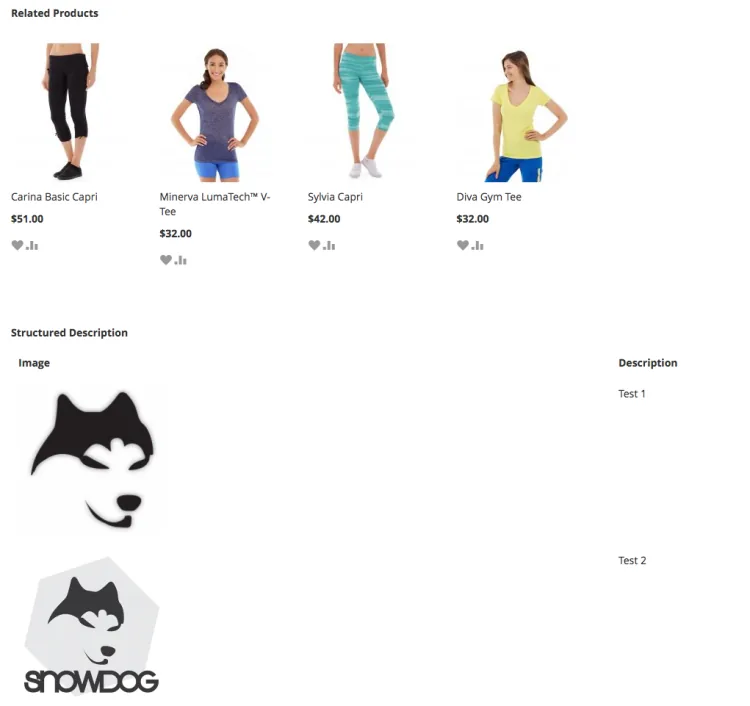 Magento product page showing a Structured Description block with two image and text rows under Related Products