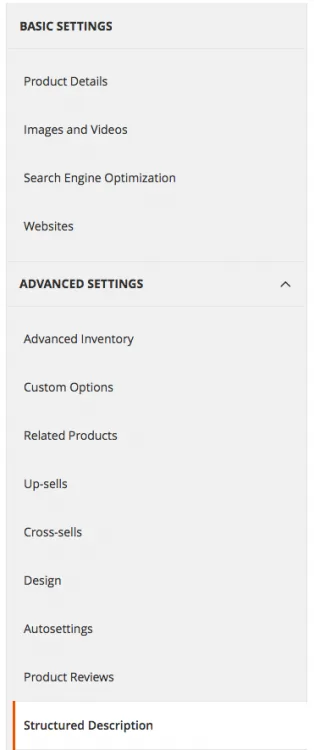 Magento admin product edit menu with the new Structured Description tab at the bottom of Advanced Settings