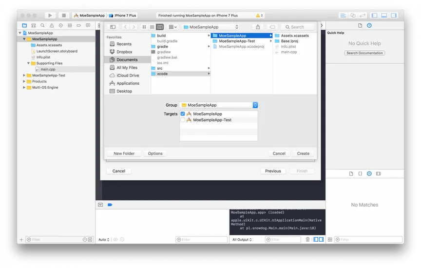 Xcode save dialog choosing the xcode/MoeSampleApp folder with the MoeSampleApp target checked