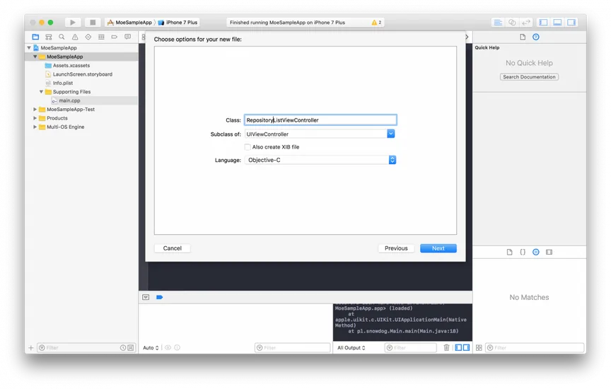 Xcode new file options: class RepositoryListViewController, subclass of UIViewController, no XIB, language Objective-C